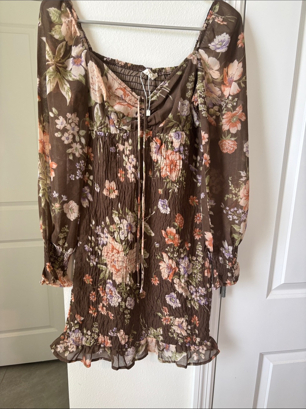 Brown Floral Long-Sleeve Smocked Dress